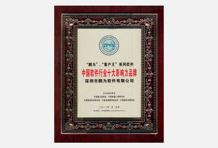 行業十大影響力品牌證書